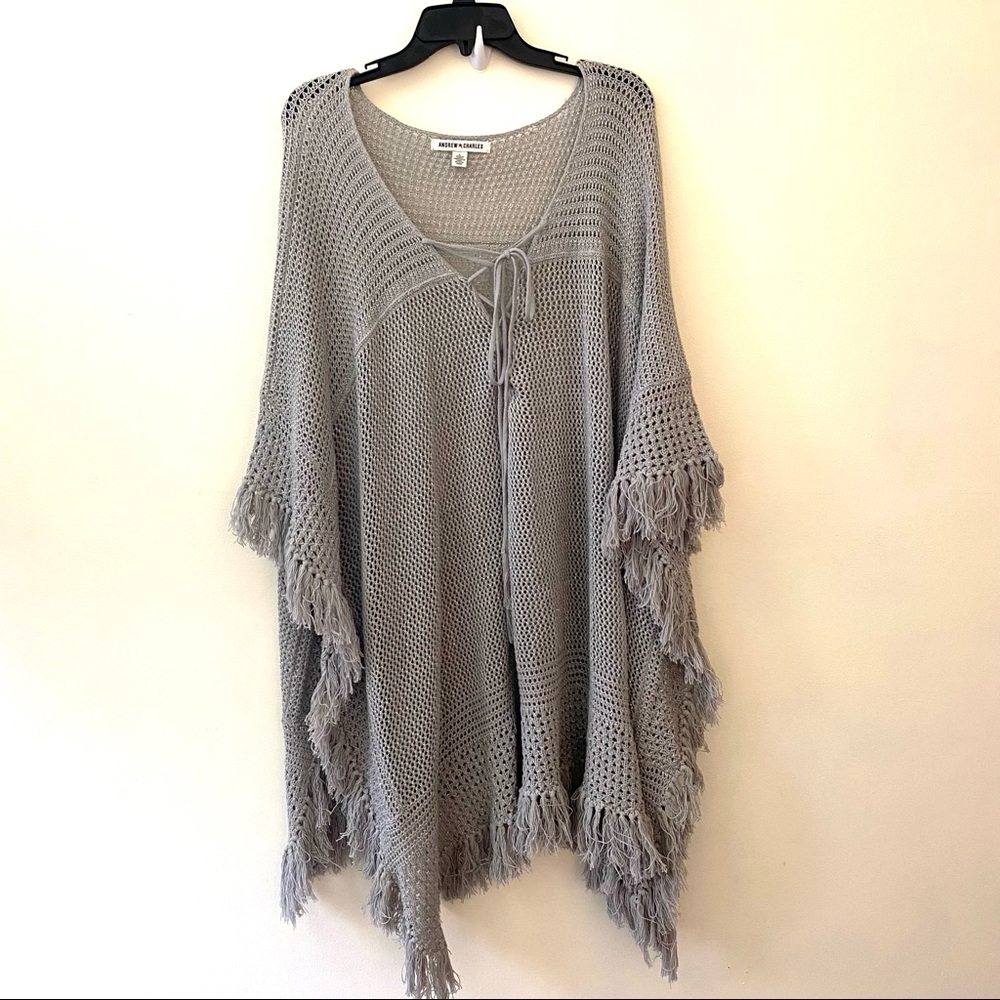 Andrew Charles gray metallic fringed boho poncho sweater size Large